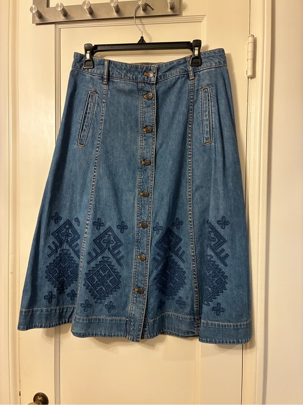 Johnny Was The Panel Skirt - Blue Embroidered A-Line Button-Front Denim Skirt